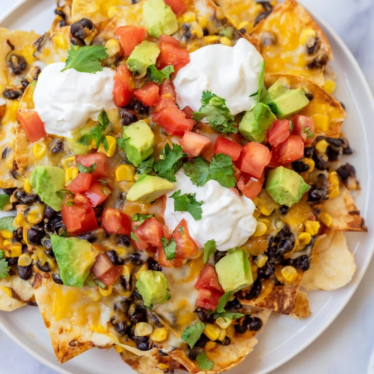 Golden Touchdown Nachos with black beans and corn are layered with melted cheddar and diced tomatoes, ready to serve for a casual party platter.