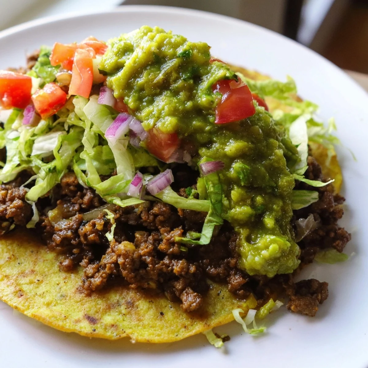 Warm corn tortillas cradling juicy, seasoned ground beef, generously topped with vibrant green salsa verde and fresh garnishes.
