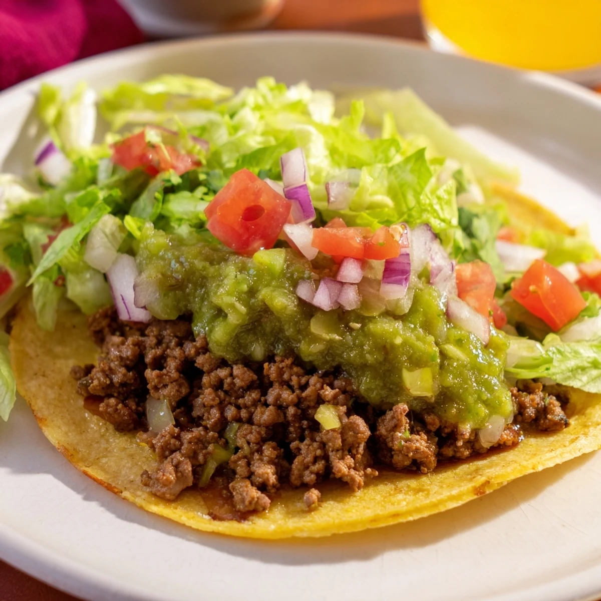 Eight championship beef tacos arranged on a platter with lime wedges, chopped red onion, and shredded lettuce for a family-style serving.