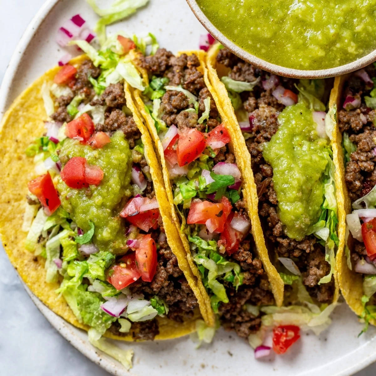 Sizzling beef filling steaming in soft tortillas, finished with tangy salsa verde, diced tomatoes, and a sprinkle of queso fresco.