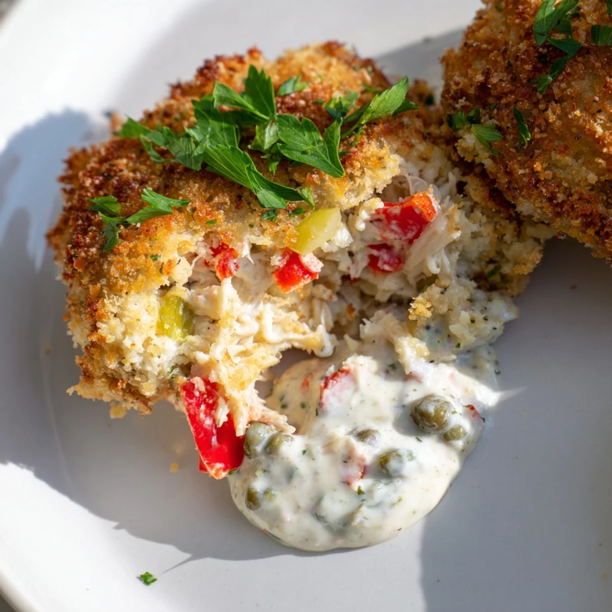 Freshly fried Mardi Gras Crab Cakes resting on paper towels, highlighting their Cajun-spiced, golden crust and the delicate texture of lump crab meat.