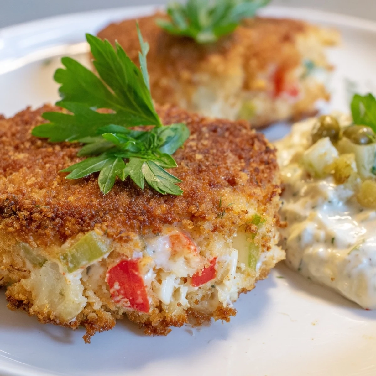 A platter of Mardi Gras Crab Cakes topped with creamy homemade tartar sauce and fresh lemon wedges, ready for a festive appetizer spread.