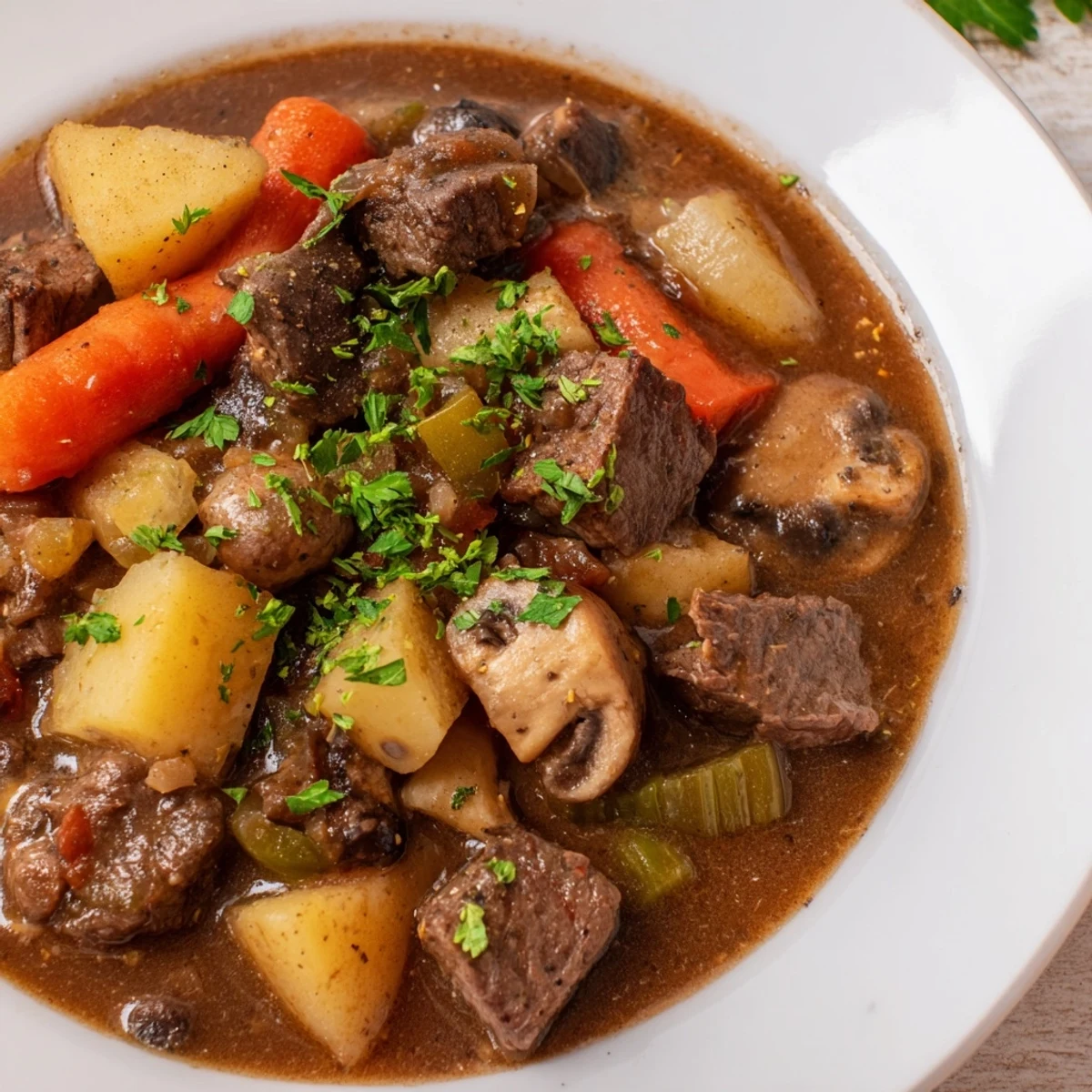 Savory pot of St. Patrick's Day Alcohol-Free Guinness-Style Stew simmering in a Dutch oven, with aromatic thyme and rosemary garnish.  