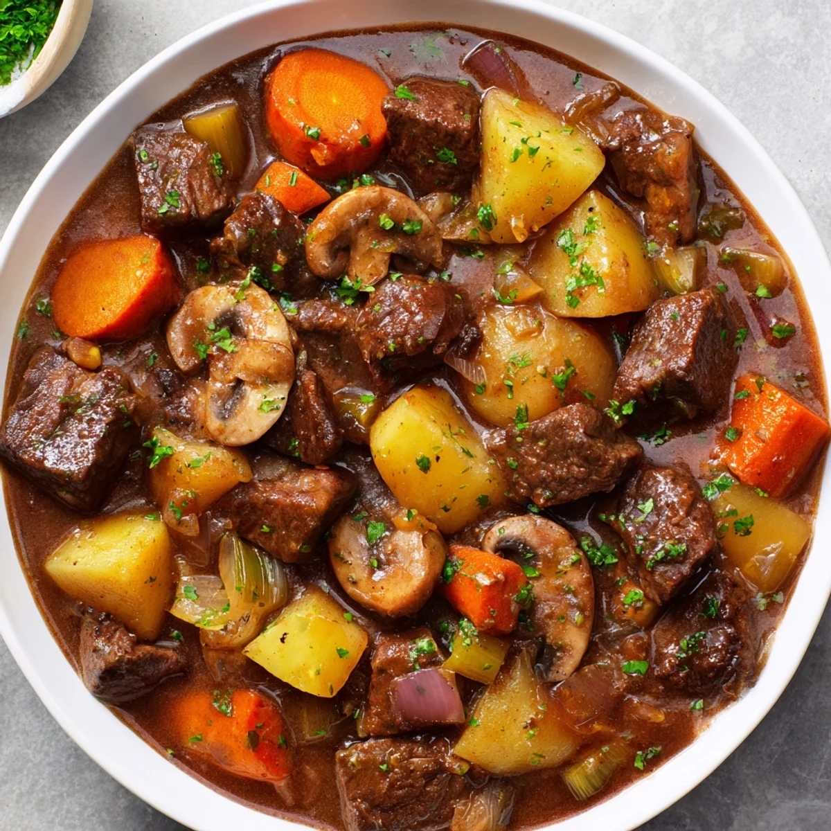 Hearty St. Patrick's Day Alcohol-Free Guinness-Style Stew in a rustic bowl, with tender beef chunks, carrots, and potatoes in a rich, dark gravy.  