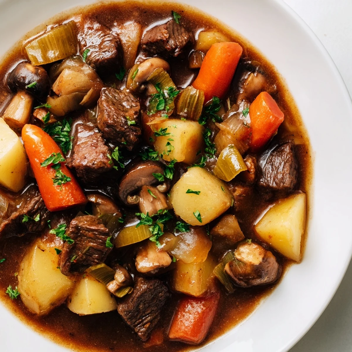 Cozy serving of St. Patrick's Day Alcohol-Free Guinness-Style Stew alongside crusty bread, perfect for a festive St. Patrick's Day celebration.