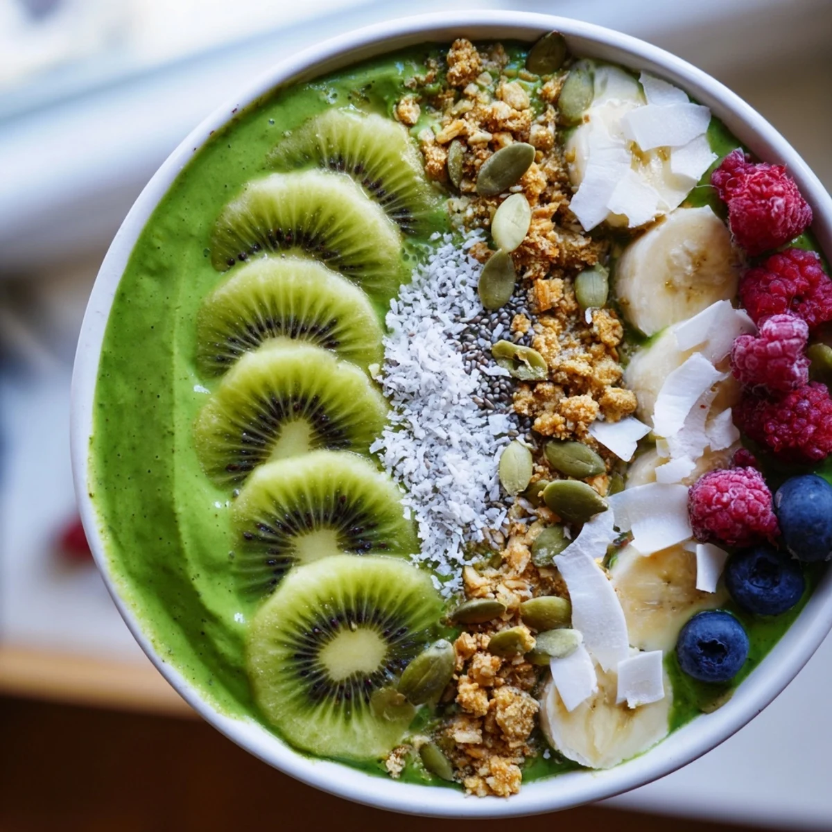 Spoon into a creamy Green Smoothie Bowl with Kiwi and Chia, featuring spinach, banana, and crunchy chia seeds for a nourishing start.  