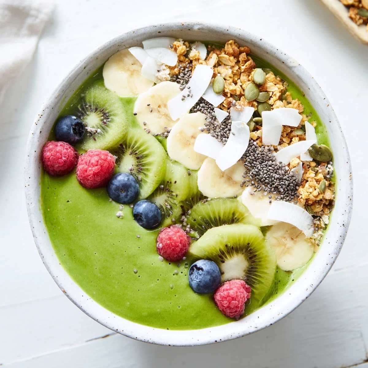 Colorful Green Smoothie Bowl with Kiwi and Chia, garnished with coconut flakes, pumpkin seeds, and berries for a crunchy, energizing snack.