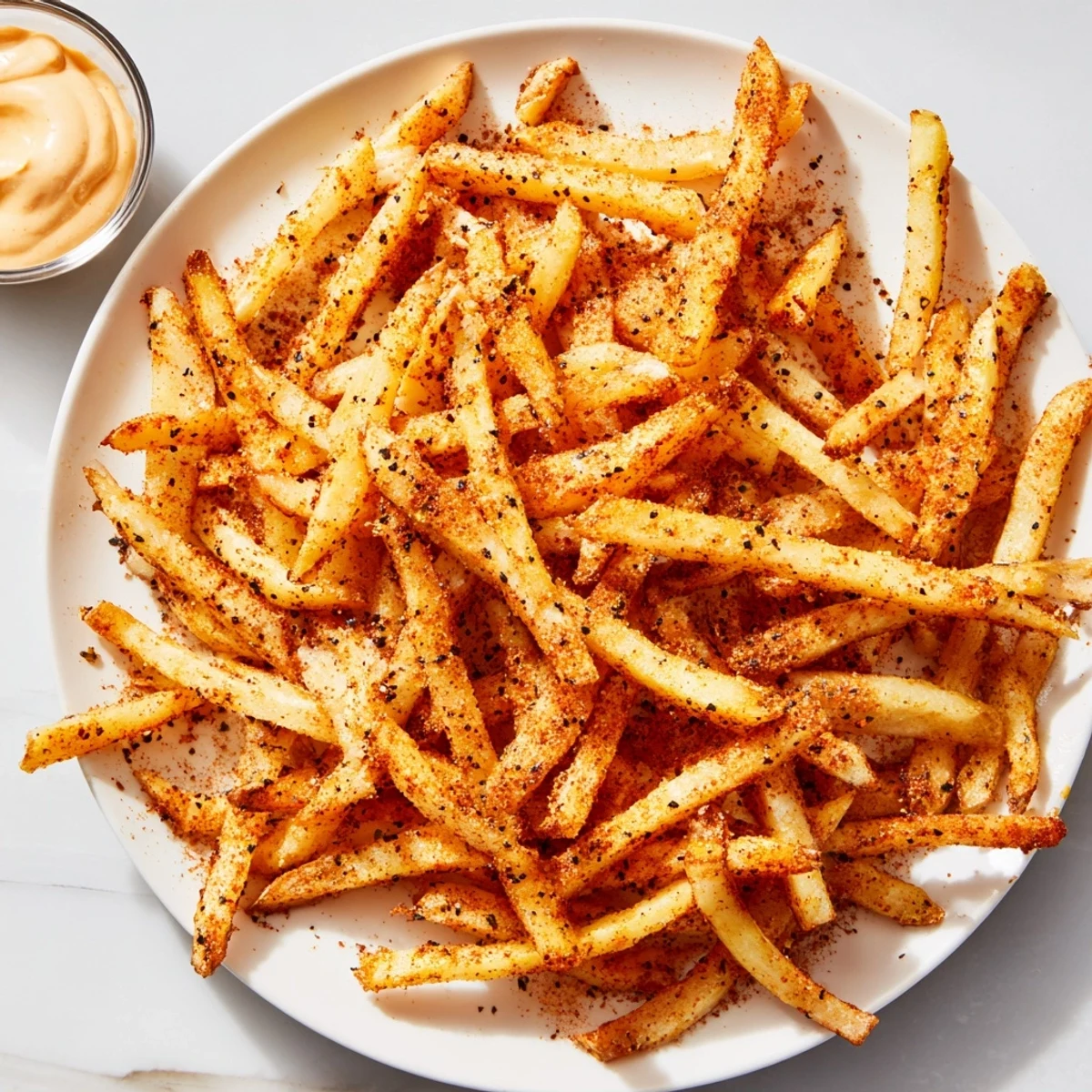 Golden brown Cajun spiced fries piled high on a plate, served with a creamy spicy mayo dip for dipping.