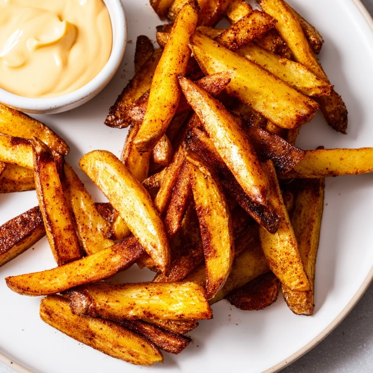 Hearty Cajun spiced fries with a side of tangy spicy mayo, perfect for snacking or as a flavorful side dish.