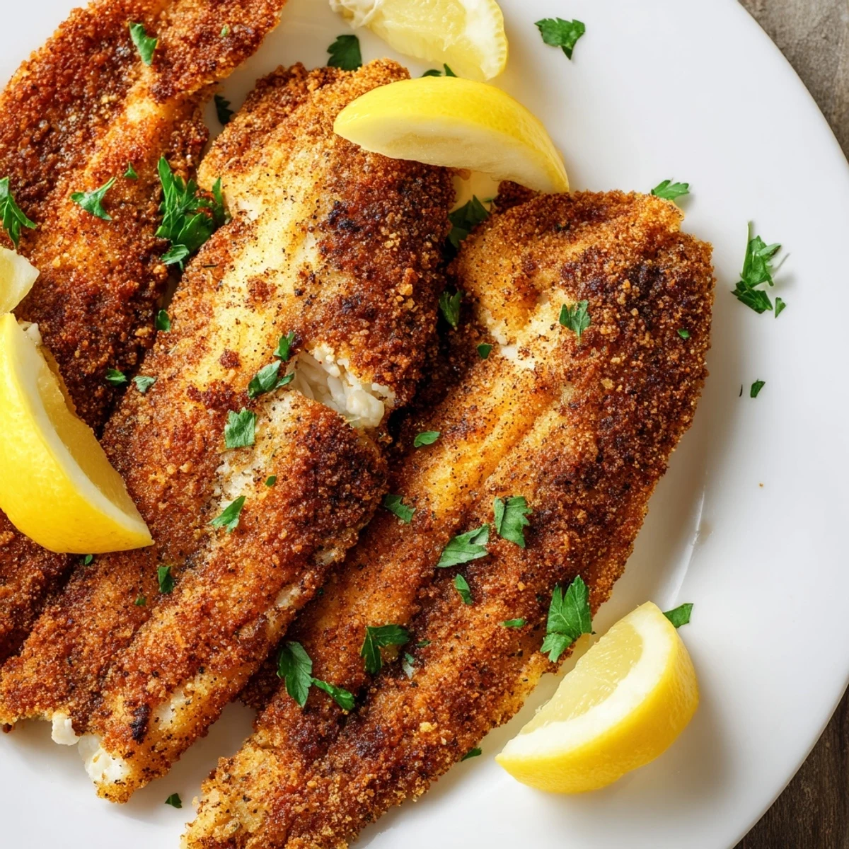 Crispy golden Louisiana Fried Catfish fillets seasoned with cornmeal coating and served with fresh lemon wedges.  