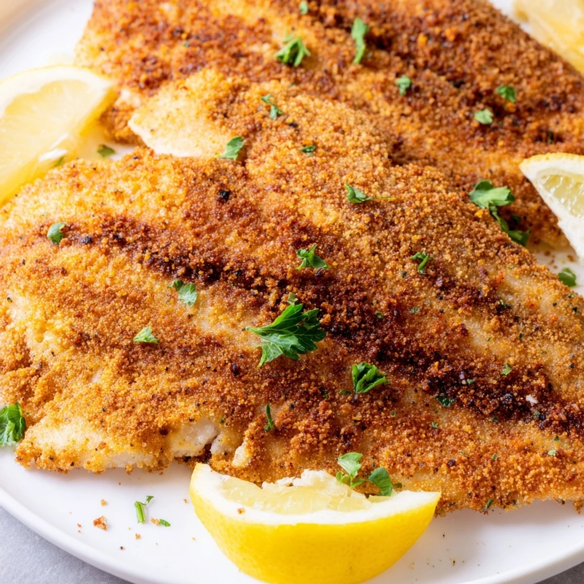 Golden-brown Louisiana Fried Catfish with a crunchy cornmeal crust, garnished with parsley and lemon on a rustic plate.  