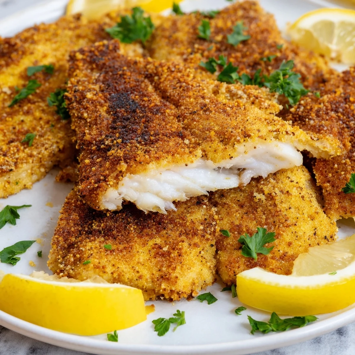 Southern-style Louisiana Fried Catfish fillets fried to perfection, paired with lemon wedges and a side of tartar sauce.
