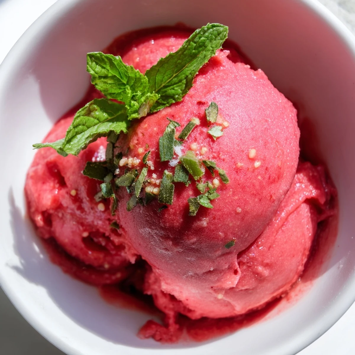 Scoop of vibrant pink raspberry sorbet with fresh mint, served in a chilled glass for a summer treat.