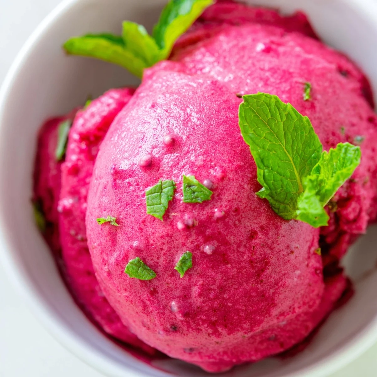 Creamy pink raspberry sorbet with fresh mint in a white bowl, garnished with raspberries and mint leaves.
