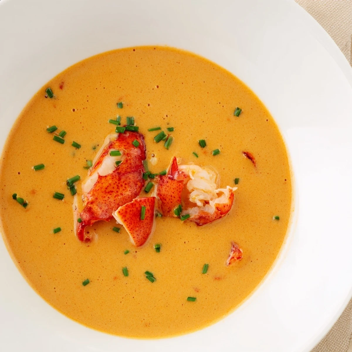 A bowl of creamy Romantic Lobster Bisque with Sherry Vinegar, garnished with fresh chives and tender lobster meat.