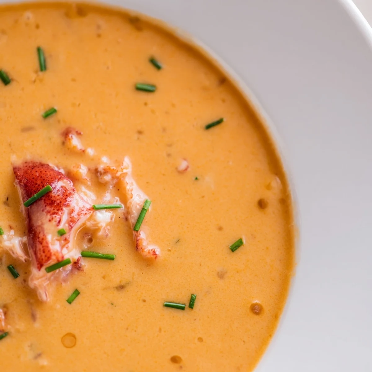 Close-up of Romantic Lobster Bisque with Sherry Vinegar, featuring a velvety texture and a garnish of fresh chives.