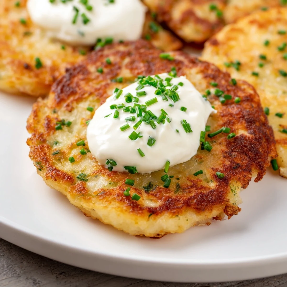 Golden Irish Boxty Potato Pancakes, crispy on the edges and creamy inside, topped with a dollop of cool sour cream and fresh chives.