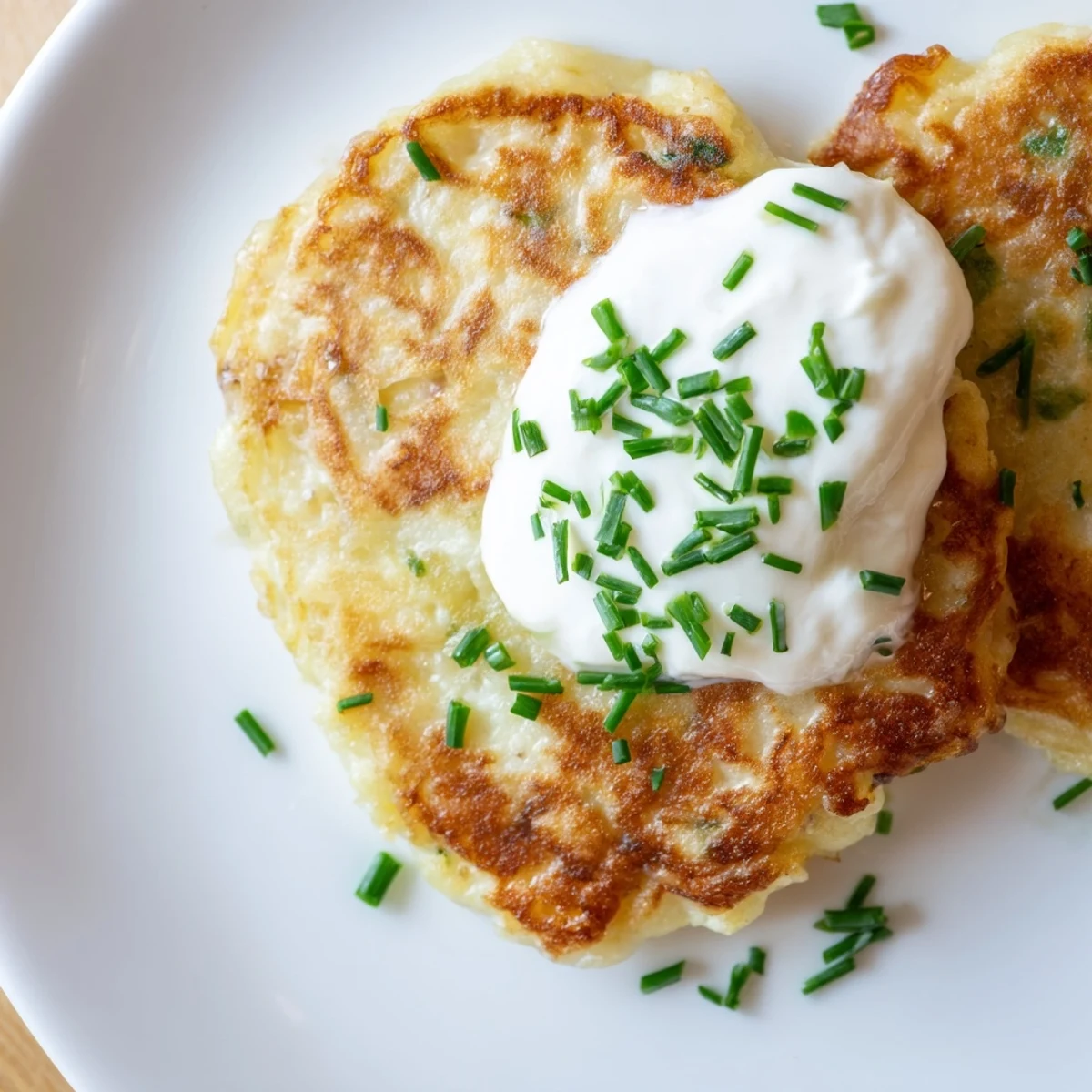 Hearty Irish Boxty Potato Pancakes pan-fried to a crisp golden brown, served hot with a refreshing side of sour cream for dipping.