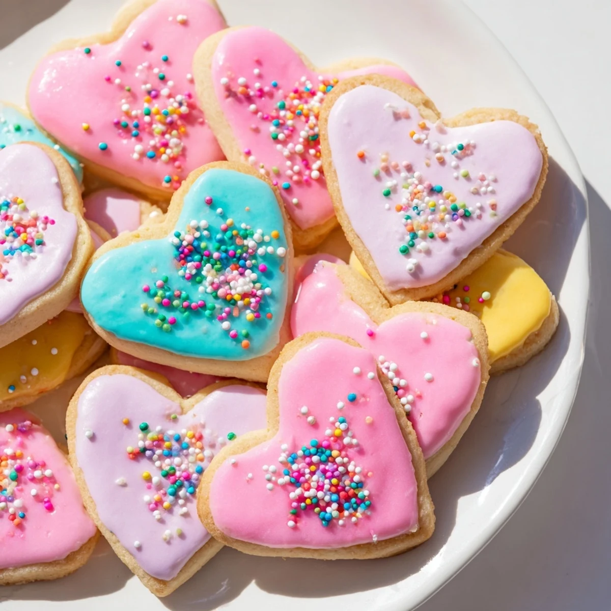 Frosted Heart Shaped Sugar Cookies with Icing on a baking sheet with scattered sprinkles, perfect for Valentine's Day or gifting.