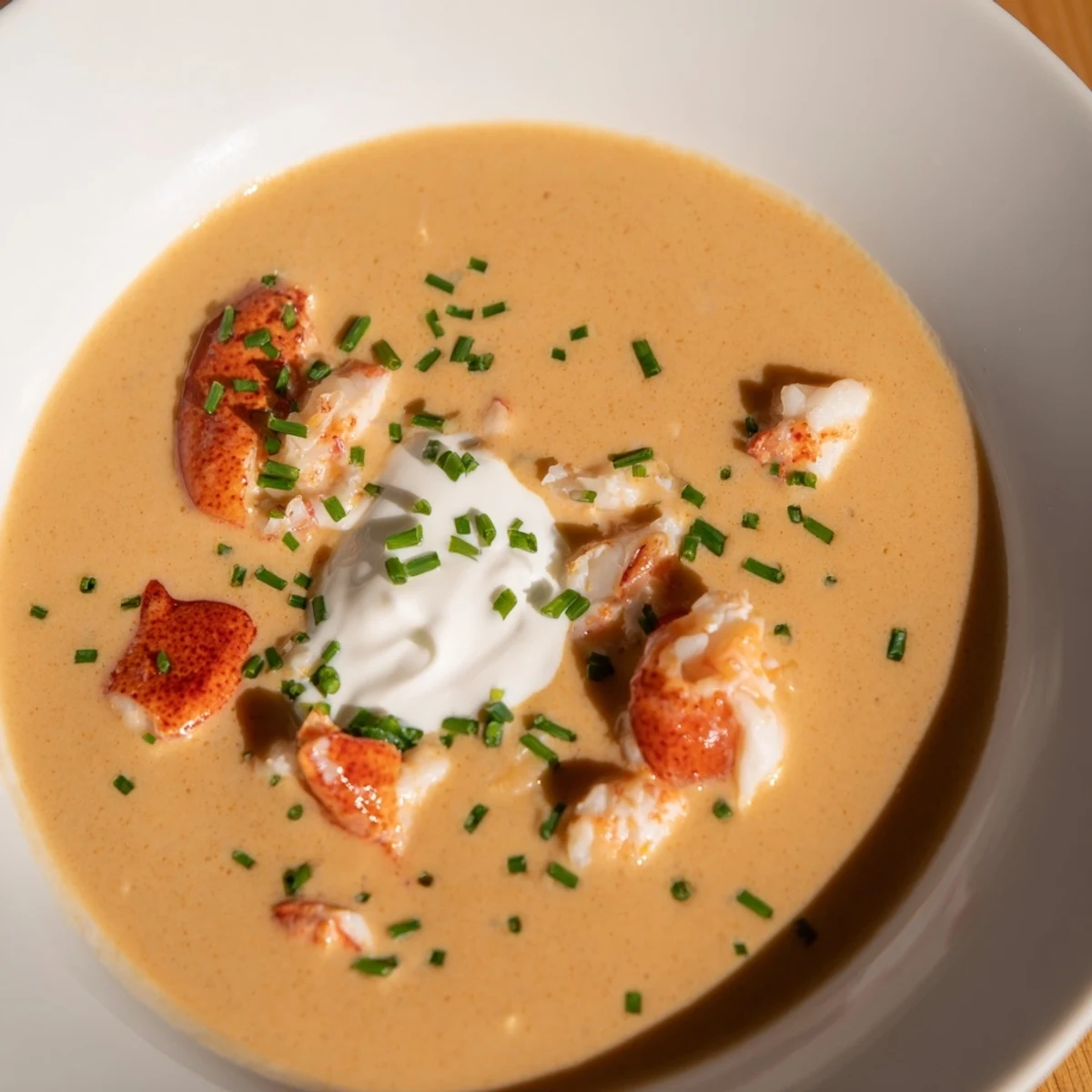 Silky Romantic Lobster Bisque with Sherry Vinegar being ladled from a pot into a bowl.