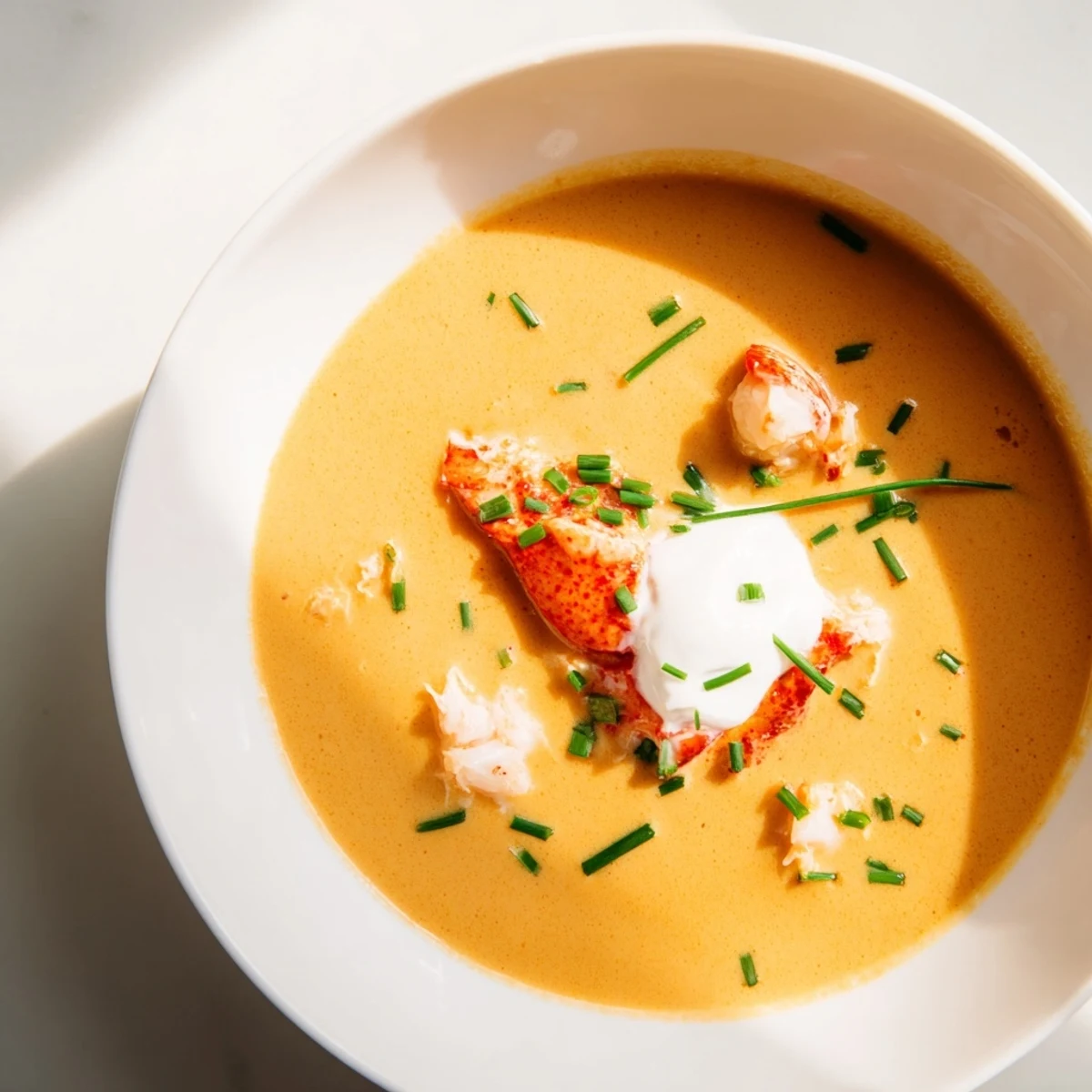 Romantic Lobster Bisque with Sherry Vinegar served with crusty bread, a swirl of cream, and chives.