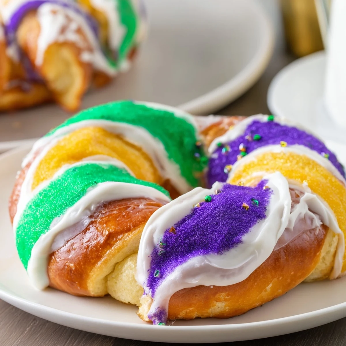 Freshly baked Mardi Gras King Cake sliced to reveal a cinnamon-sugar swirl filling, ready to share at a lively party