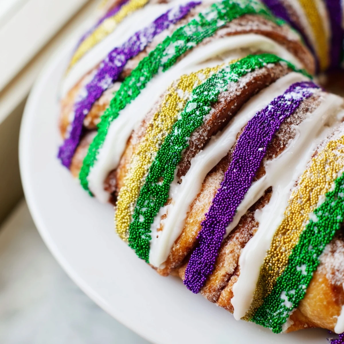 Warm Mardi Gras King Cake with buttery brioche texture and colorful icing, plated with coffee for a classic New Orleans treat