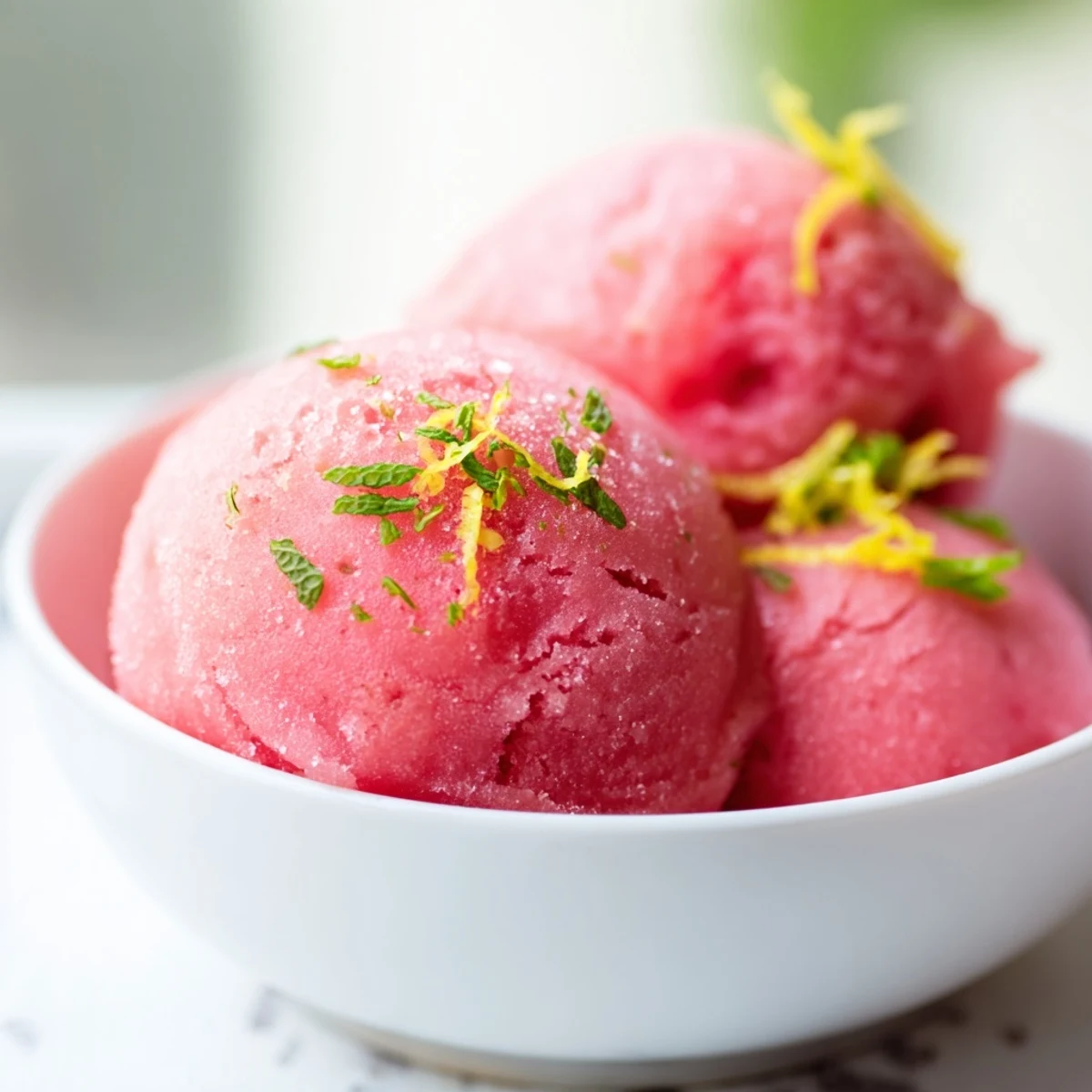 Scoops of pink lemonade sorbet with mint are served in chilled bowls, garnished with fresh mint leaves and lemon slices.