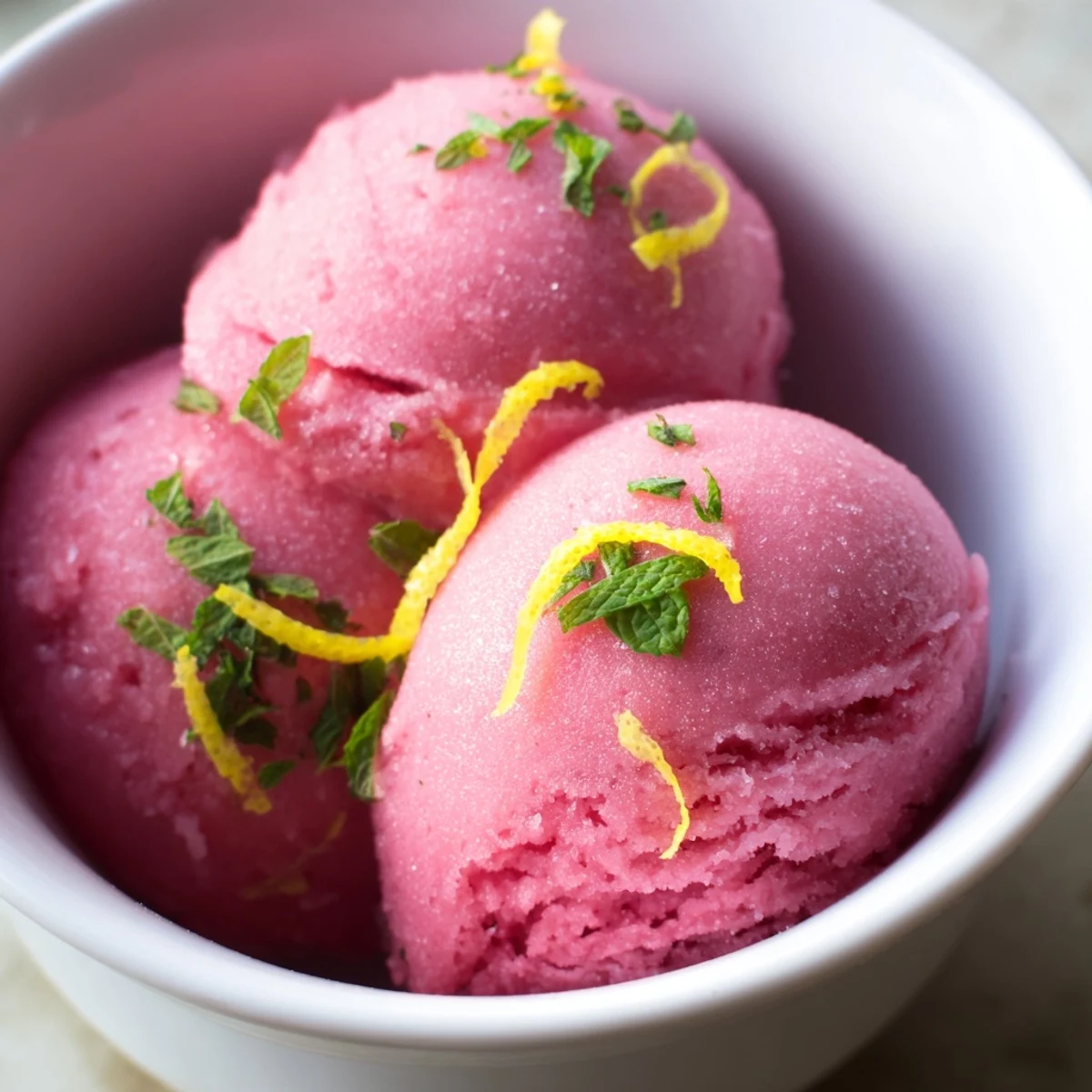 Pink lemonade sorbet with mint freezes into a light, fluffy texture made by scraping the mixture every 30 minutes.