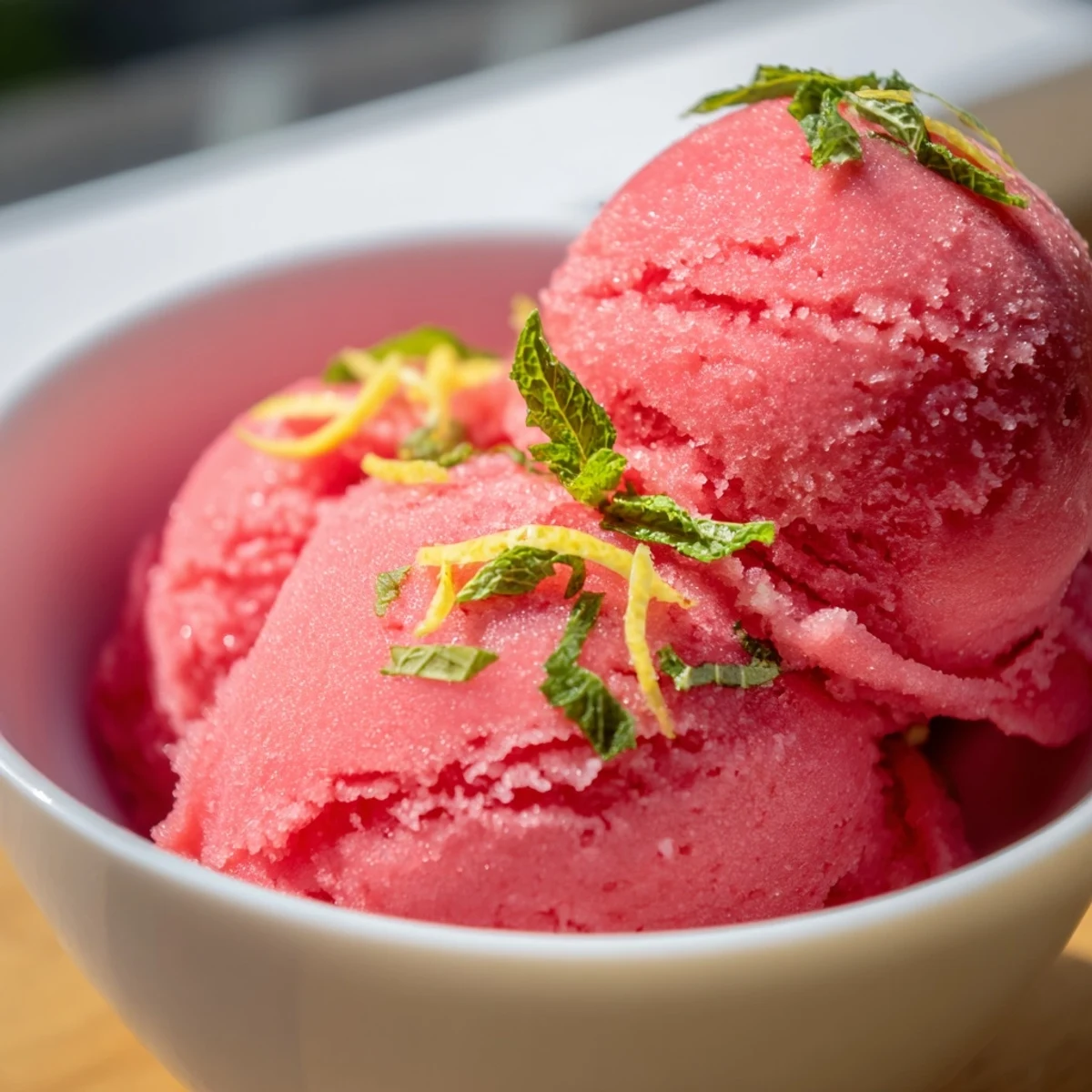 Vibrant pink lemonade sorbet with mint is scooped from a shallow pan, with lemon zest and fresh mint garnish.