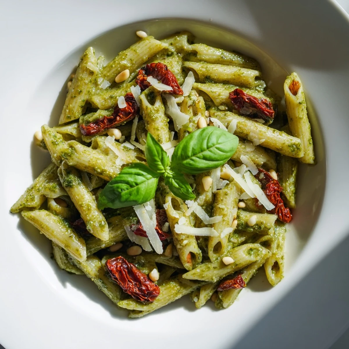 Green Pesto Pasta with Sun-Dried Tomatoes is garnished with fresh basil and extra Parmesan.