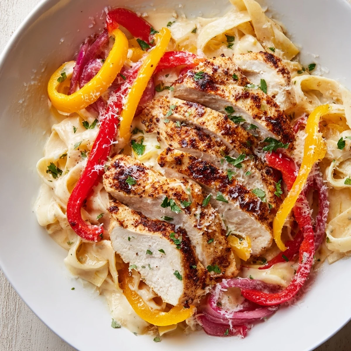 Creamy Cajun Chicken Alfredo with Peppers served over fettuccine with colorful sautéed bell peppers and fresh parsley garnish.