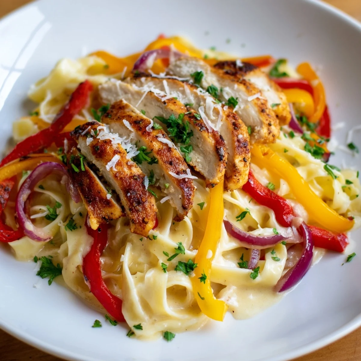 Tender Cajun-seasoned chicken sliced over cheesy Cajun Chicken Alfredo with Peppers, paired with red and yellow bell peppers for a spicy, creamy bite.