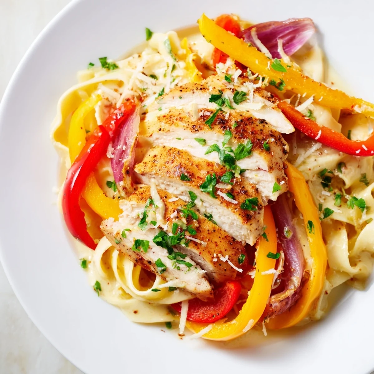 A steaming plate of Cajun Chicken Alfredo with Peppers, twirled pasta coated in rich Alfredo sauce and topped with golden seared chicken slices.