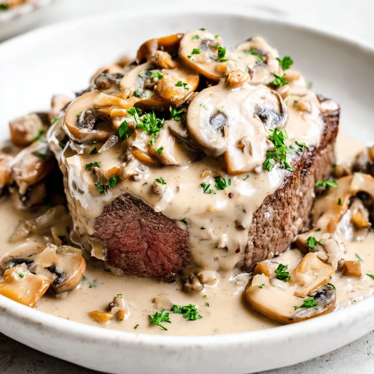 Pan-seared Steak Diane with creamy mushroom sauce, fresh parsley garnish on a rustic wooden board.