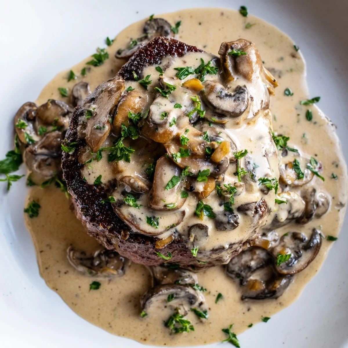 Steak Diane with rich mushroom sauce, served with mashed potatoes and green beans for dinner.