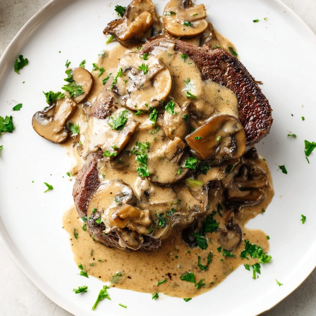 Tender beef steaks in Steak Diane, brandy-infused mushroom sauce steaming in a cast iron skillet.