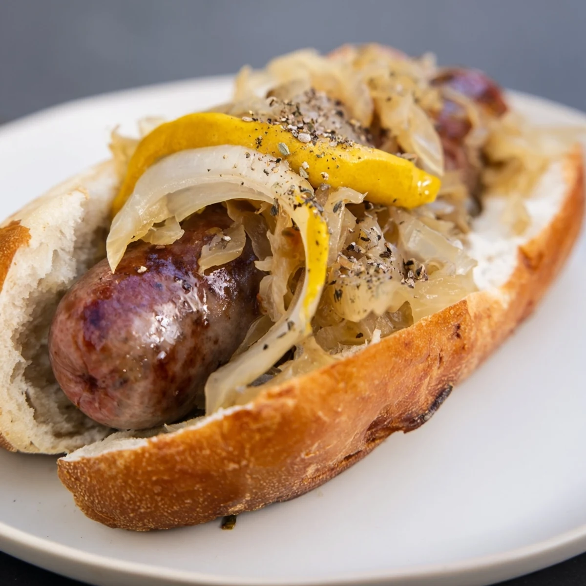 Sizzling Tailgate Bratwurst with Sauerkraut resting on a toasted bun beside a bowl of toppings.