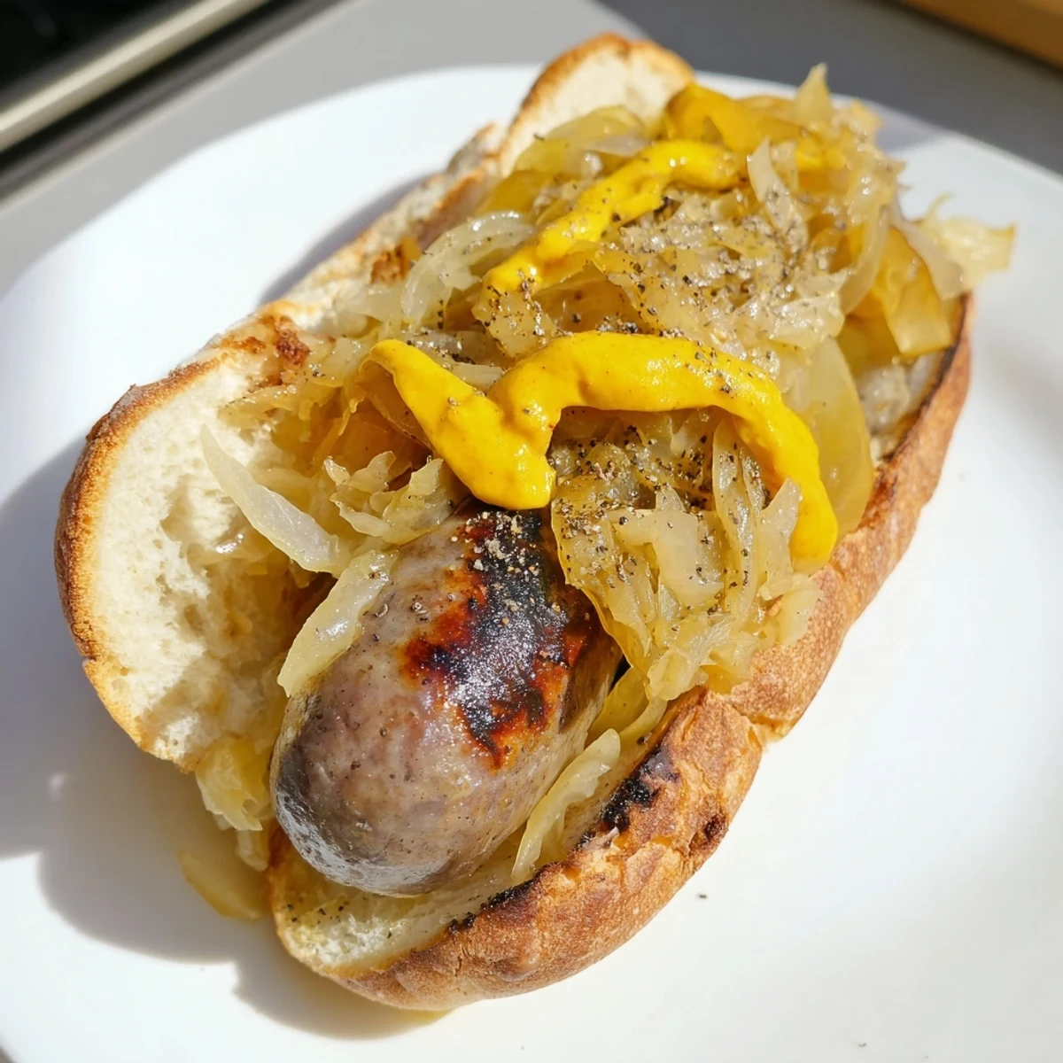 Golden-brown Tailgate Bratwurst with Sauerkraut piled high on a plate, ready for a game day feast.