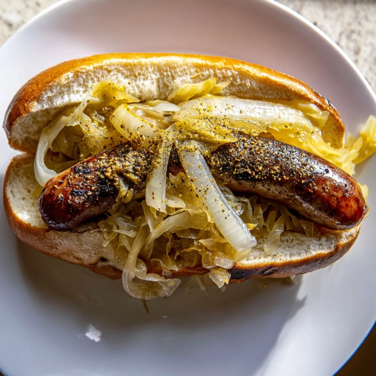 Grilled Tailgate Bratwurst with Sauerkraut and onions served on a bun with mustard for a hearty bite.