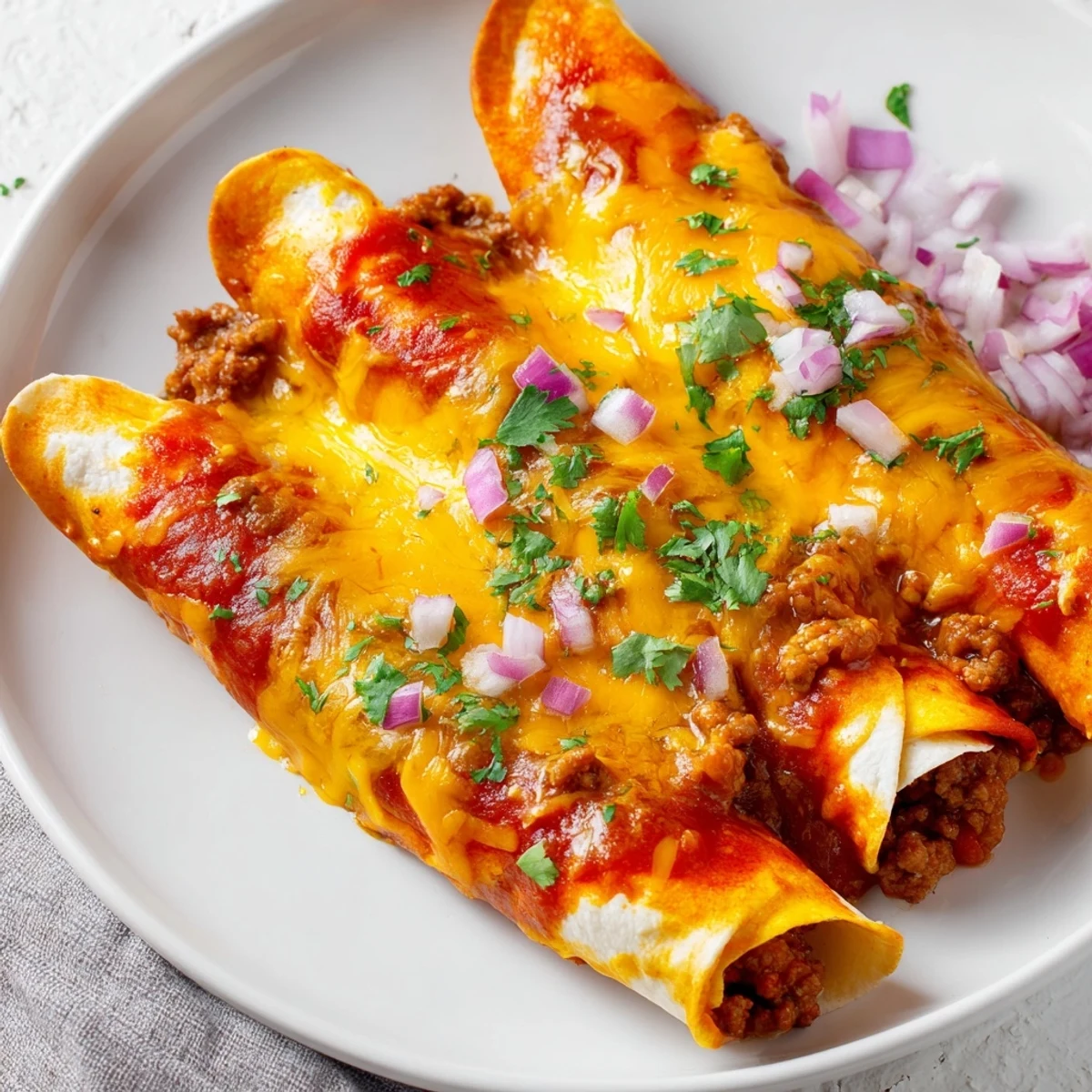 Freshly baked Championship Beef Enchiladas with Red Sauce, bubbling with melted cheddar and Monterey Jack cheese.