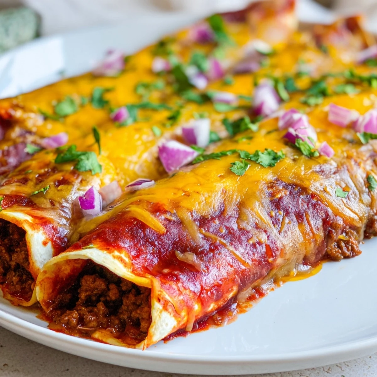 Golden-brown Championship Beef Enchiladas with Red Sauce served hot, garnished with fresh cilantro and diced red onion.