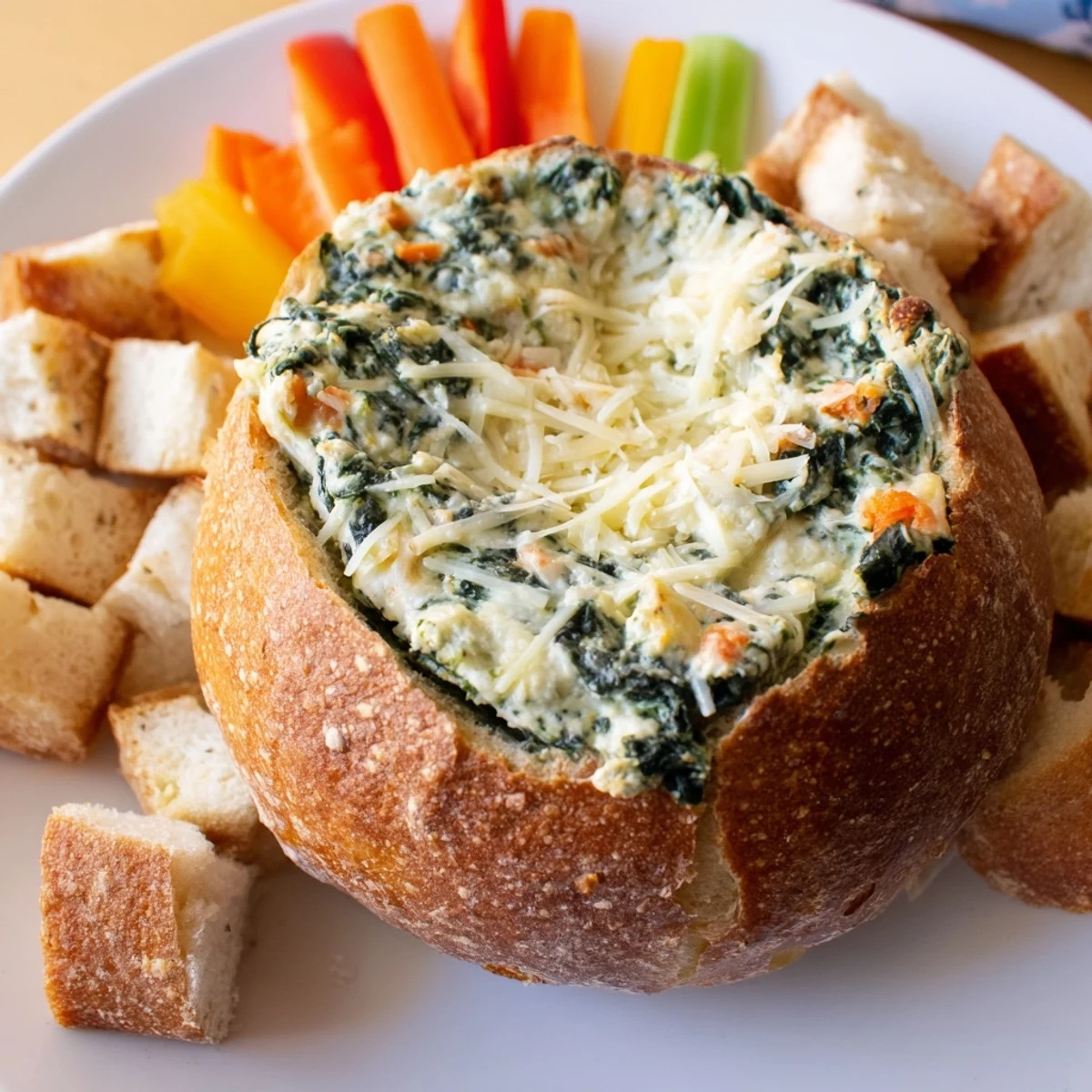 Freshly baked spinach dip steams inside a hollowed sourdough bread bowl, topped with melted golden cheese.