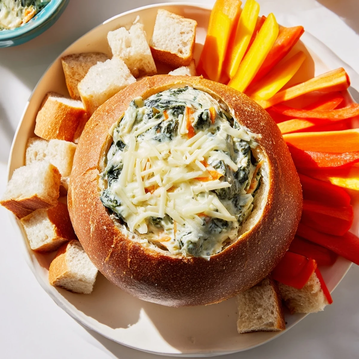 Warm spinach dip with bread cubes and fresh veggies in a crusty sourdough bowl for parties.