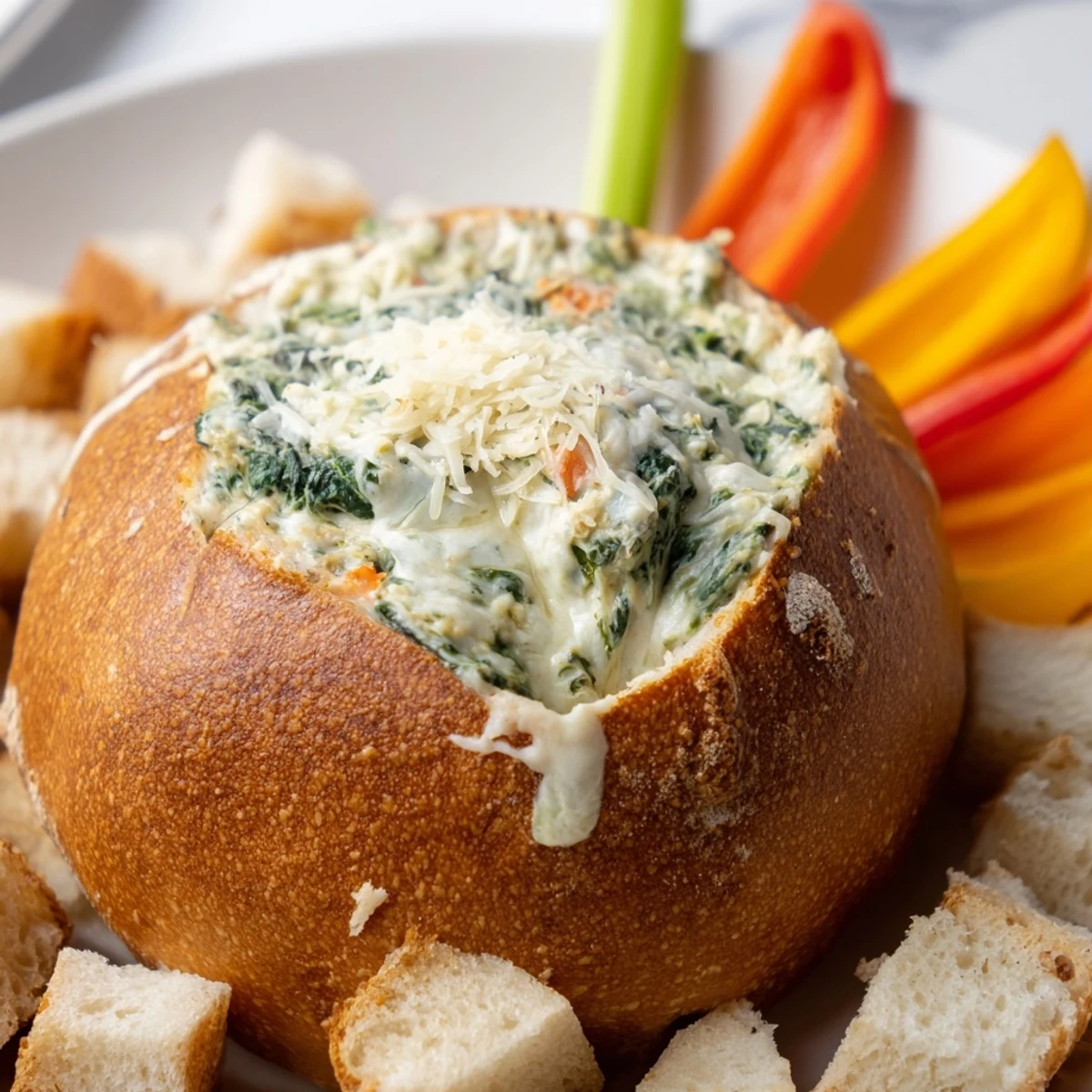Cheesy, bubbly spinach dip in a rustic sourdough bread bowl, served with veggie sticks for dipping.