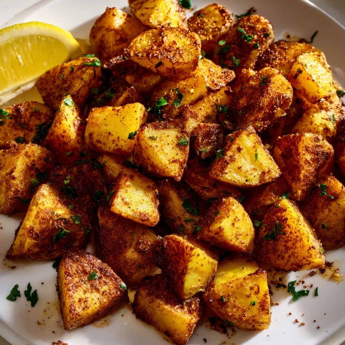 Golden-brown Cajun Spiced Roasted Potatoes, crispy on the outside and tender on the inside, served with fresh parsley and lemon wedges.