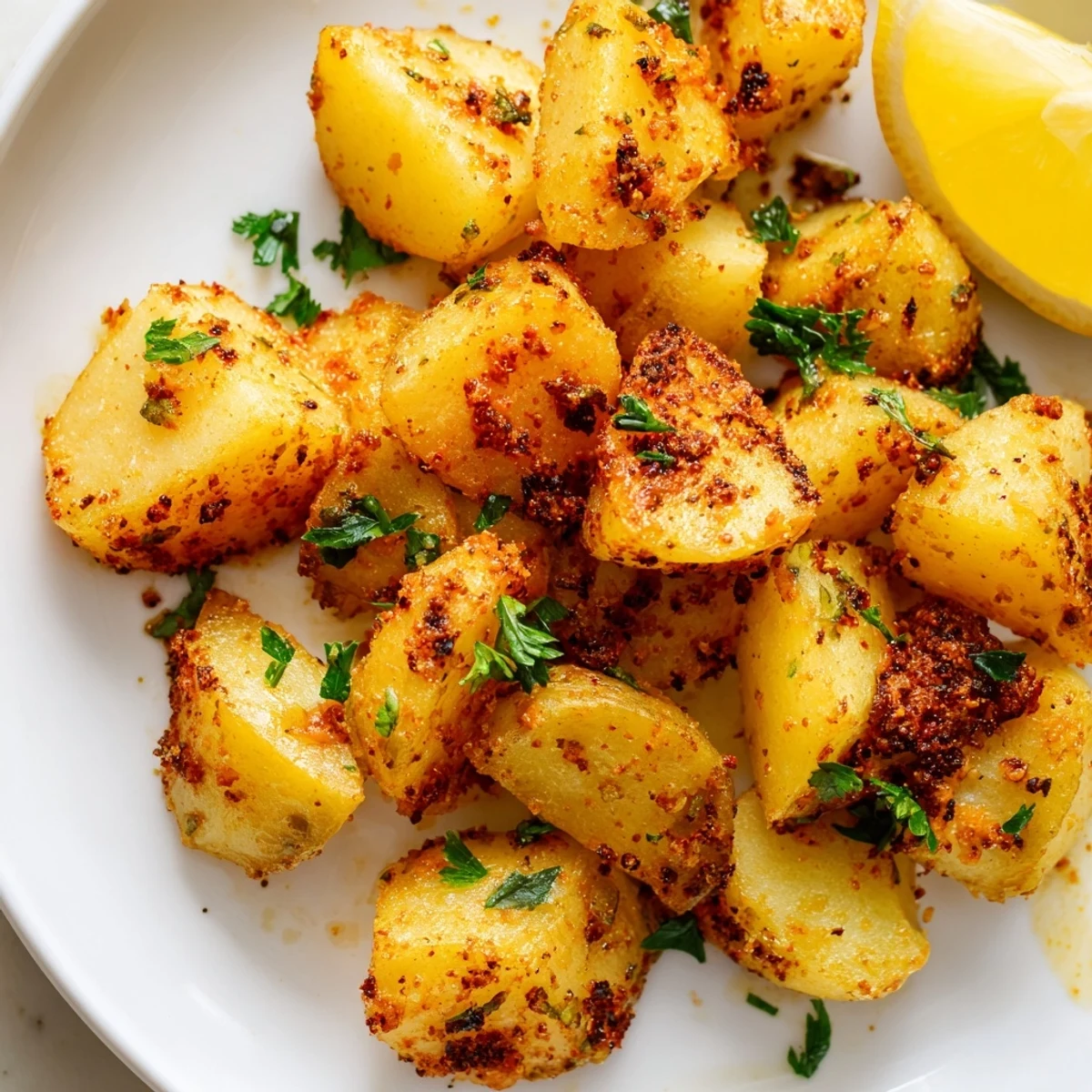 A close-up of golden Cajun Spiced Roasted Potatoes, showing the textured spice coating and fluffy potato centers on a baking sheet.