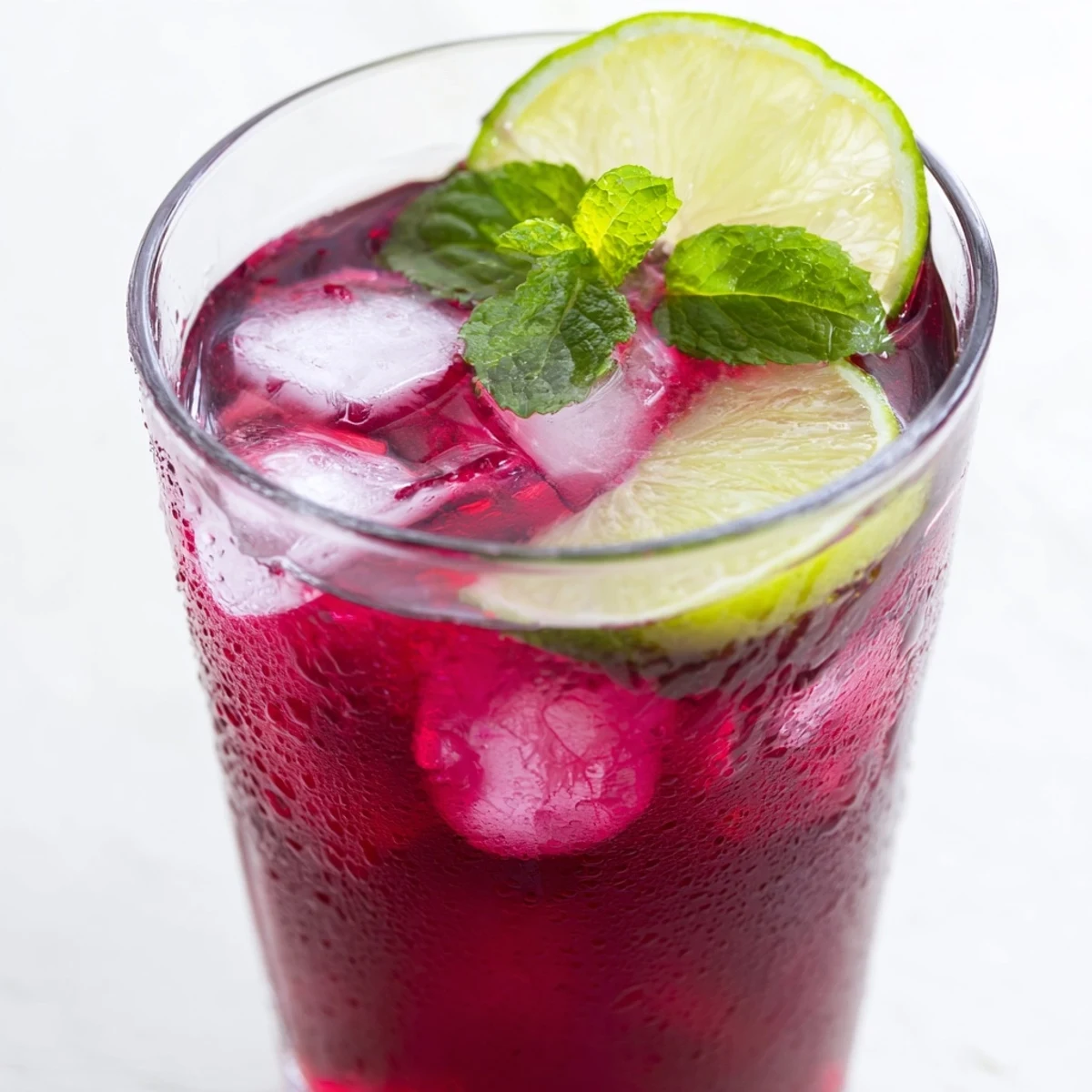 Ruby-red hibiscus iced tea with lime glistens over ice cubes in a clear glass, garnished with fresh mint.  