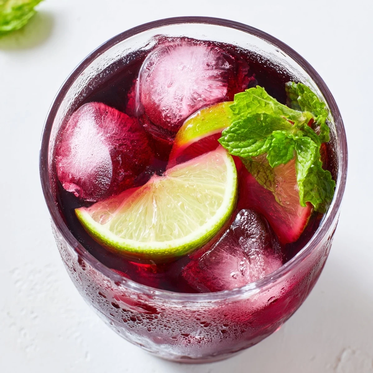 A chilled pitcher of hibiscus iced tea with lime sits beside sliced limes and mint sprigs for a refreshing summer beverage.  