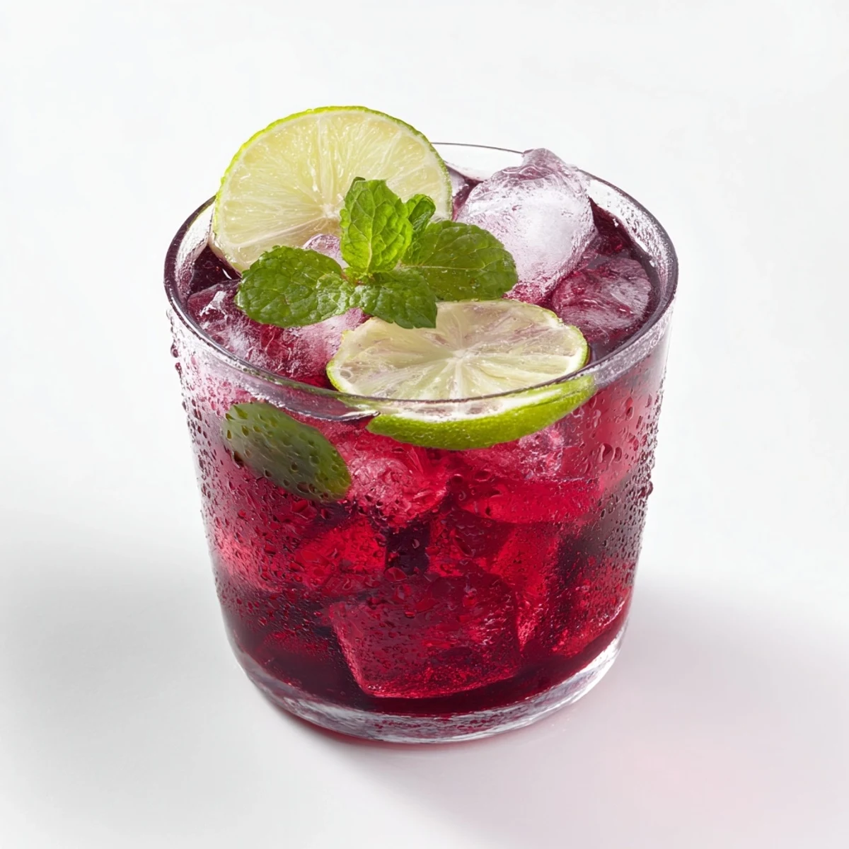 A tall glass of hibiscus iced tea with lime features vibrant pink hues and condensation, ready for a sunny afternoon.